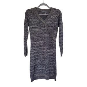 THML Faux Wrap Mini Dress Black & Metallic Detail V Neck Long Sleeve, Size Small